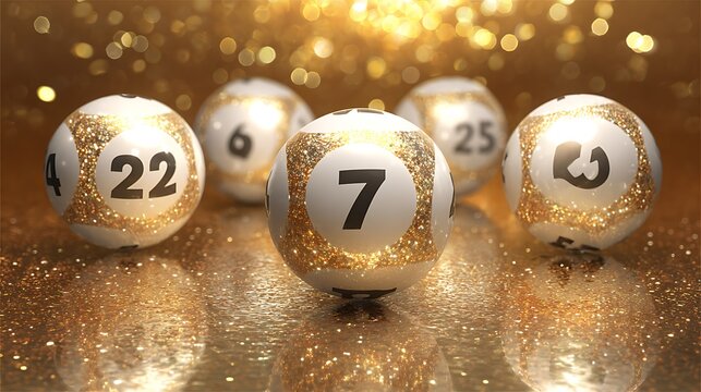 Close-up of lottery balls with numbers on a glittering golden bokeh background