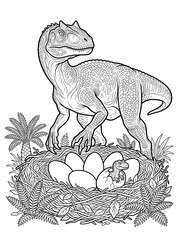 Fototapeta premium Allosaurus Nest with Eggs Coloring Page - Dinosaur Hatching Scene