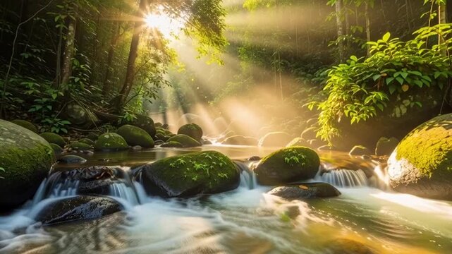 Serene forest stream with sunlight filtering.