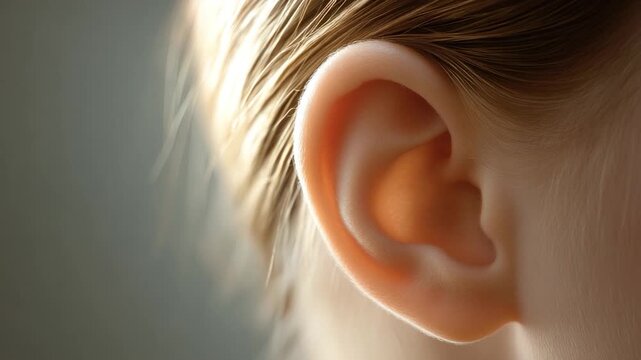 A close-up showcases a human ear, highlighting its delicate structure against blurred hair and background