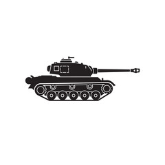 Black silhouette of a modern military tank on a white background.