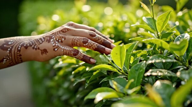 Hand adorned with intricate henna design gently touches vibrant green leaves outdoors in sunlight