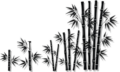 Obraz premium Black bamboo tree silhouette vector illustration with stalks and leaves isolated on white background for zen nature oriental garden design.