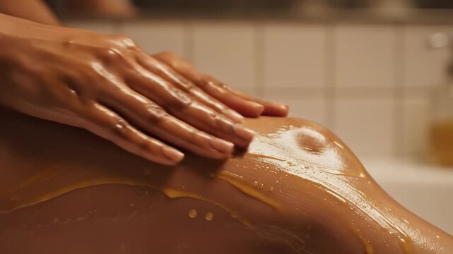 Soft hands glide over smooth skin, applying rich oil during a serene self-care ritual. The warm ambiance envelops the space, enhancing feelings of tranquility and comfort.
