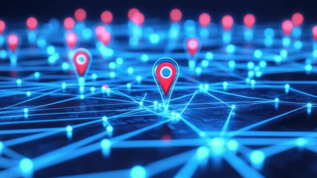 A digital rendering depicting red location markers interconnected by glowing blue lines against a dark background