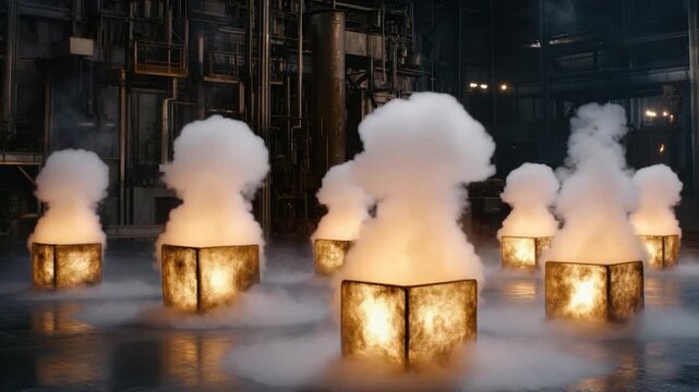 A dim industrial interior lit by cube-shaped lights emitting steam. Dark setting with metal pipes