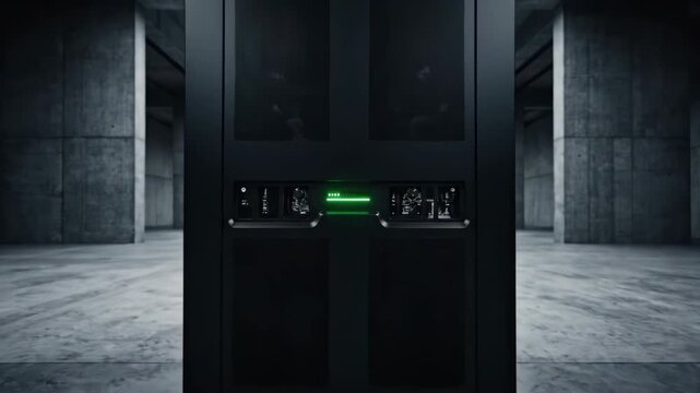 Futuristic solar inverter in a dark concrete server room