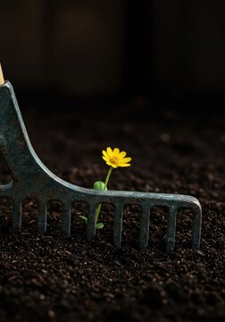 Close-up of a tiny yellow wildflower pushing up through the tines of an abandoned metal garden rake in rich dark soil during springtime ,steel ,planting ,garden