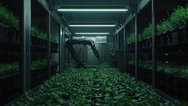 A futuristic, automated indoor farm with robotic arm tending to rows of hydroponic crops
