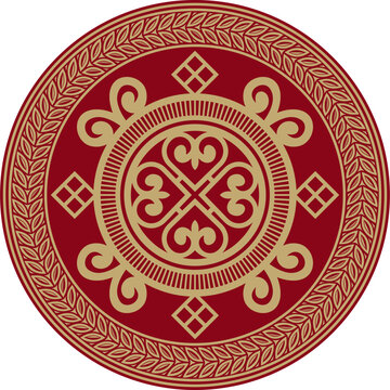 Vector golden and red round Yakut ornament. Endless circle, border, frame of the northern peoples of the Far East.