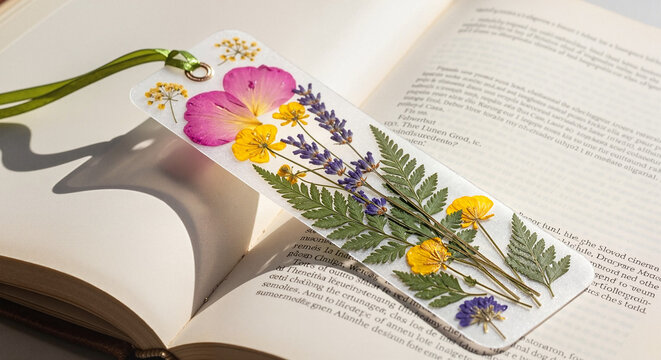 Pressed flower bookmark on open book with white pages and sunlight  