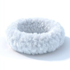 A fluffy, white, donut-shaped object, casting a shadow on a bright white surface