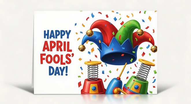 Colorful april fools day greeting card design with jester hat and confetti