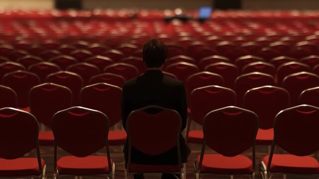 A lone figure sits facing an empty auditorium filled with red chairs. Blurred background