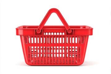 Fototapeta premium A bright red, empty, plastic shopping basket with a handle, isolated on white