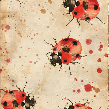 Ladybug insect pattern watercolor vintage seamless red beige background illustration Vintage watercolor ladybug insect pattern seamless beige background with red splatter texture creating playful