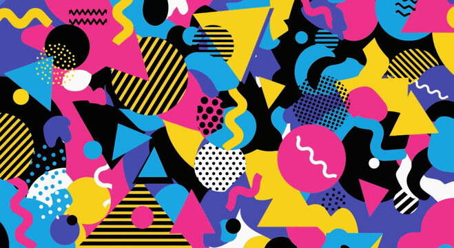 Retro 80s Memphis Style Pattern with Geometric Shapes and Vibrant Colors