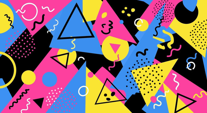 Retro 80s Memphis Style Geometric Pattern Background with Triangles, Circles, Squiggles