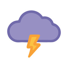 Simple hand-drawn style icon of a purple storm cloud with a yellow lightning bolt isolated on a white background.