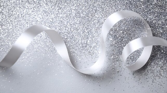 A white ribbon curls across a sparkly silver background. Close-up, shiny textures