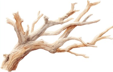 Watercolor painting of weathered driftwood branch against a white background