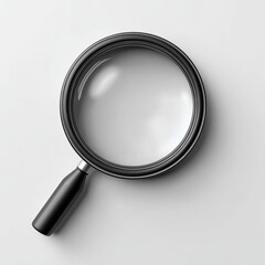 A top-down view of a magnifying glass on a white surface, with a slight shadow