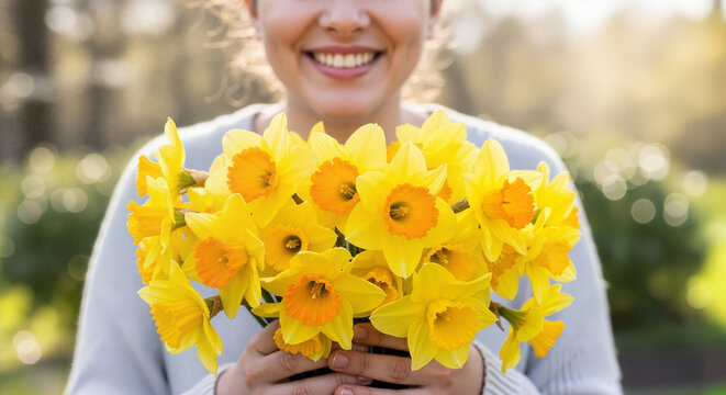 Woman smiling while holding a bouquet of yellow daffodils outdoors  