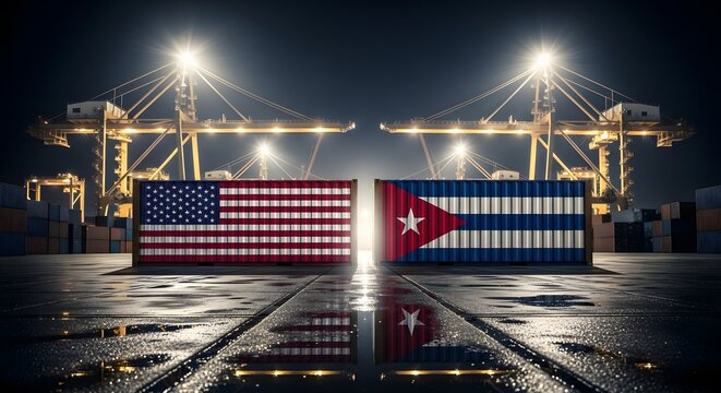 USA and Cuba cargo containers in a foggy industrial harbor at night. Symbolic representation of trade barriers, import export taxes, and sanctions