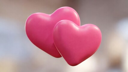 Obraz premium Two pink hearts floating together over blurred neutral background