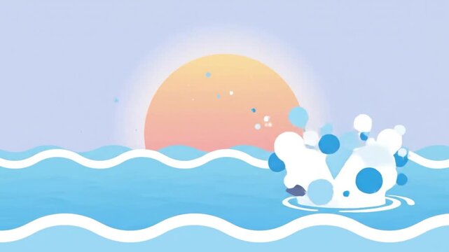 Cute dolphin jumping over ocean waves at sunset flat cartoon animation