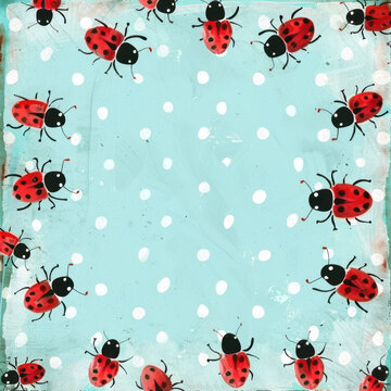 Cute ladybug pattern blue ladybug border cartoon red insect illustration polka dot background kids nursery art whimsical bug design spring summer theme seamless pattern style playful animal frame