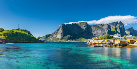 View of yellow fishermen's houses near Reine on the Lofoten Islands in Norway