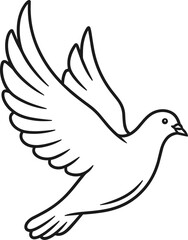 Obraz premium Black and white line drawing of dove in flight with spread wings and fanned tail, symbolizing peace, freedom, hope, and spiritual harmony artwork