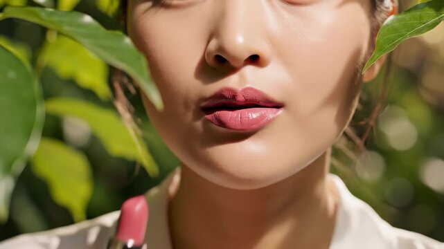In a serene moment, a woman graces the scene, applying a delicate shade of pink lipstick. Surrounded by rich, vibrant greenery and gentle sunlight, her beauty radiates harmony and elegance.