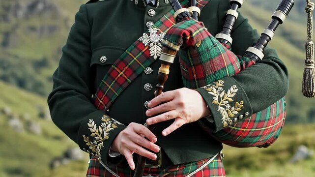 A person in traditional Scottish Highland dress plays the bagpipes in a serene outdoor setting with a green hillside background in this video.