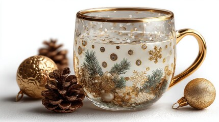 Fototapeta premium Glass cup with decorations, isolated on a clean white background, highlighting clarity and festive details.