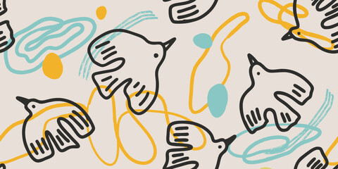 Seamless Pattern with Hand-Drawn Flying Birds and Abstract Shapes © Sviatlana