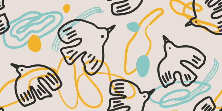 Seamless Pattern with Hand-Drawn Flying Birds and Abstract Shapes