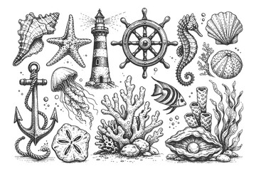Nautical engraving style illustration set featuring a lighthouse, anchor, ship wheel, seahorse, and coastal treasures for maritime and ocean themed designs. © Chairul