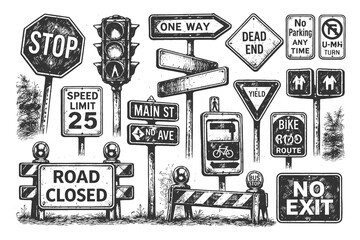 Comprehensive engraving style illustration of various traffic and road signs including stop signs, traffic lights, and street indicators for urban navigation. © Chairul