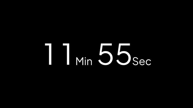 12 minute countdown timer animation from 12 to 11 minute, digital countdown timer transparent background. 12 minute countdown timer animation