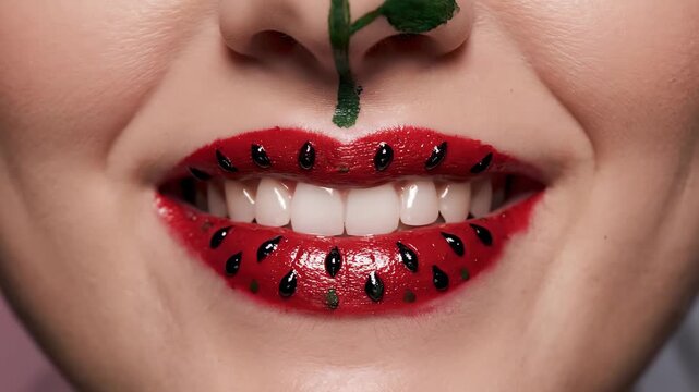 Bright watermelon-colored lips emerge joyfully, with glossy red hues and striking black seeds.