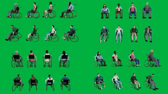 People in wheelchairs on a green screen and group of several animated chromakey background backgrounds elements composition scene illustration expression style motion cartoonish frame