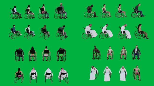 A group of people in wheelchairs on green screen and several animated chromakey background movement depth emotion layers motion elements scene expression creative backgrounds figure