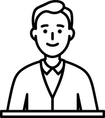 Obraz premium Hand Drawn Man Sitting at Desk Black and White Avatar Illustration in Minimal Line Art Style Design