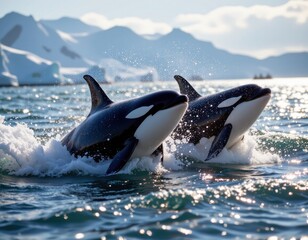 Powerful Orcas Breach in Icy Arctic Waters: A Glimpse into the Wild Lives of Killer Whales Amidst Snowy Mountains and Sparkling Sea