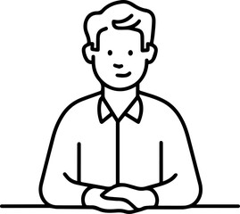 Obraz premium Hand Drawn Man Sitting at Desk Black and White Avatar Illustration in Minimal Line Art Style Design