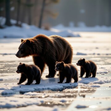 Regal Ursid Matriarch Tenderly Escorts Her Three Rambunctious Cubs Across a Frozen Lake's Glassy Surface in Early Morning Light, a Scene of Winter Wilderness and Family Bonds