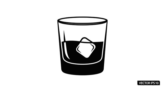 Whiskey glass with ice cube, minimalist black and white illustration, isolated on white background.