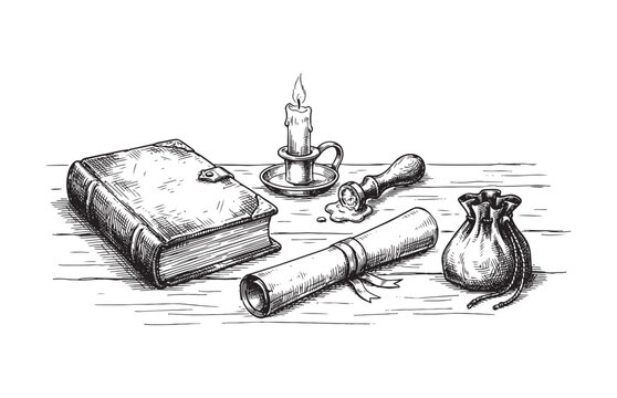 Vintage Writing Set Sketch with Antique Book Parchment Scroll and Wax Seal